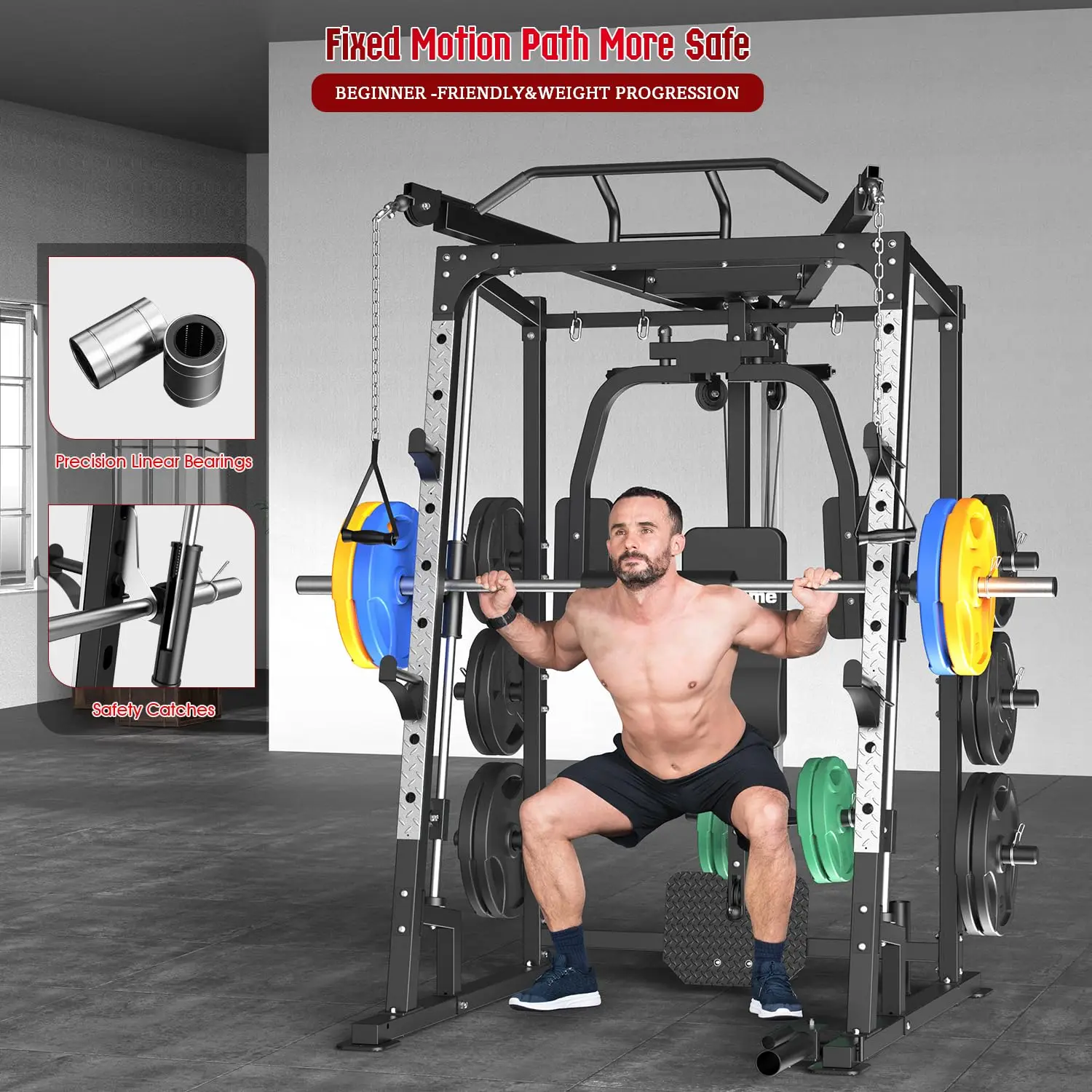Smith Machine, 2000LBS Power Cage Squat Rack with Smith Bar, LAT Pull-Down Systems, Cable Crossover Machine for Home Gym