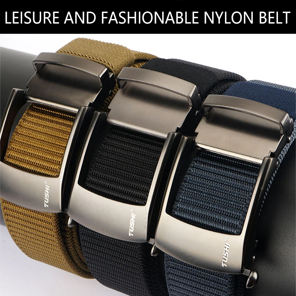 TUSHI New Metal Automatic Buckle Webbing Belts For Men Canvas Waistband EDC Outdoor Jeans Pants Tactical Belt Hunting Training