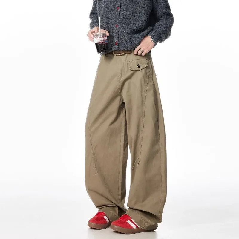 Men High Waist Wide Leg Cargo Pants Loose Casual Multi Pocket Straight Trousers