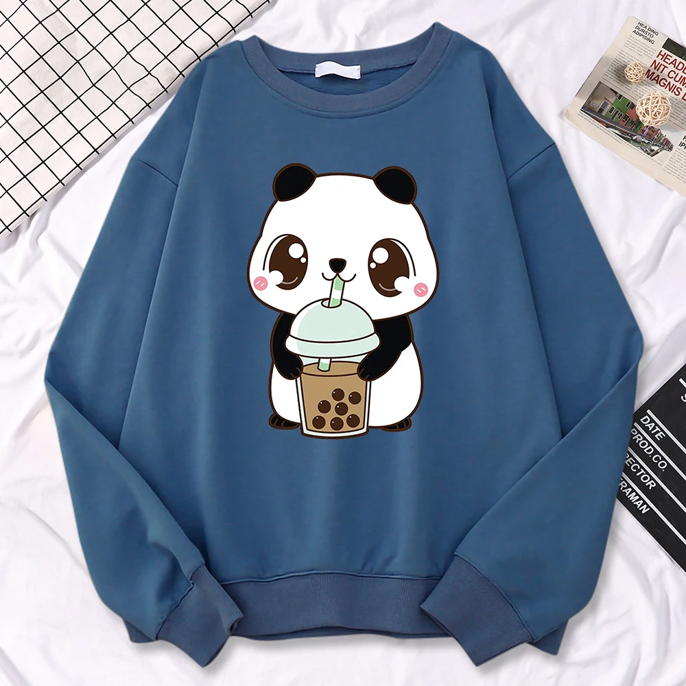 Casual Simple Women Pullovers Baby Panda Drinking Milk Tea Printing Hoodies Crewneck Soft Sweatshirt Fleece Warm Female Clothes