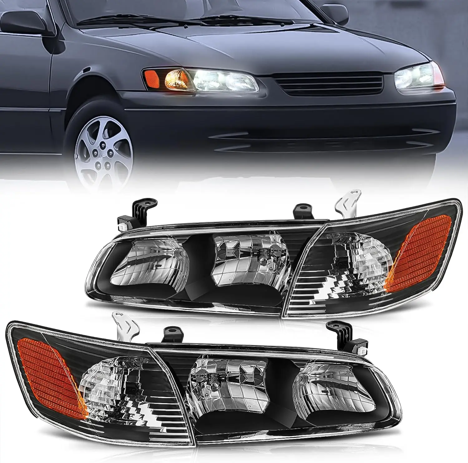

Фара в сборе, совместимая с Toyota Camry 2000 2001, сменная фара, черный корпус, янтарный отражатель, водитель и Passeng