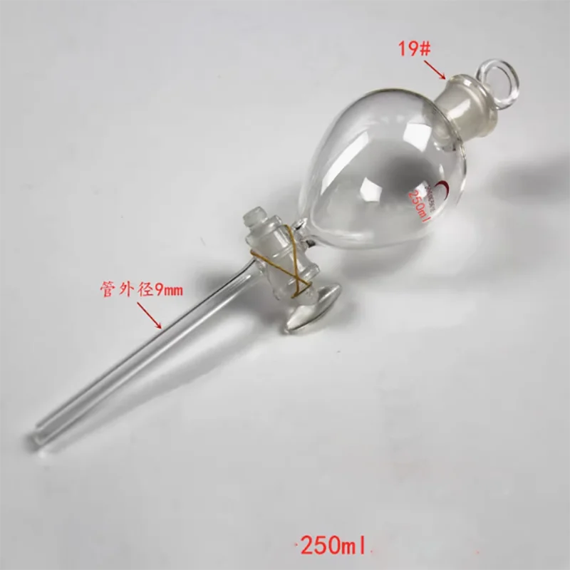 Funil esférico de separação de líquidos em forma de pêra, funil triangular com núcleo de PTFE, suporte de funil de separação de líquidos