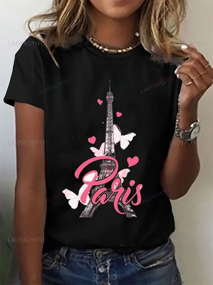 Colorful Paris Eiffel Tower Print Cotton T-shirt Casual Crew Neck Short Sleeve Top for Spring for Girls Flowers Women's T Shirt