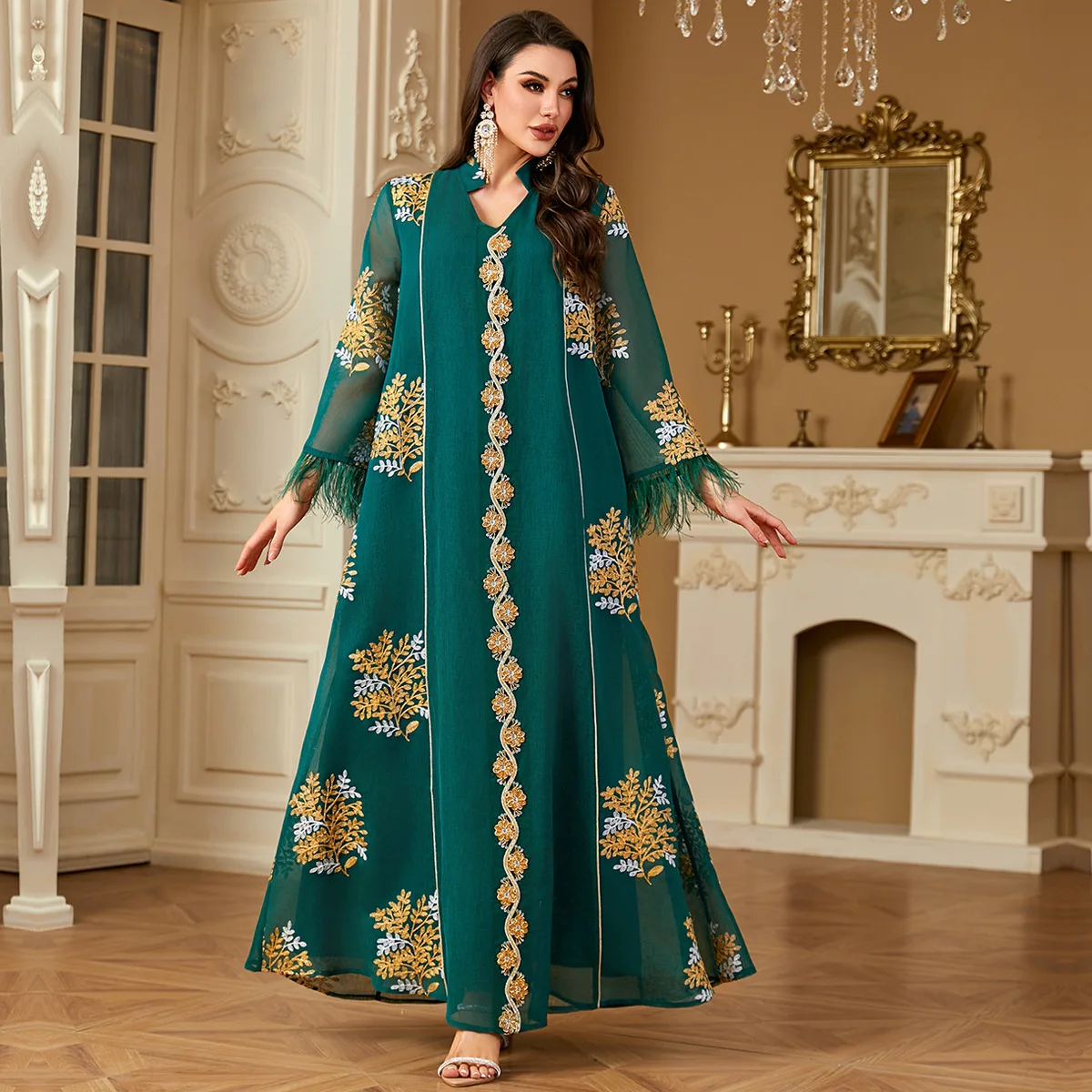 Eid Abayas pour femmes plume caftan Robe musulmane broderie turquie Caftan Marocain Femme Robe Islam vêtements Jalabiya robes