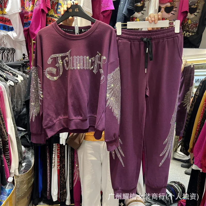 New Spring Autumn Women Two-piece Set Letters Diamonds Round Neck Hoodie Pullover Top + Elastic Waist Casual Harem Pants Suits