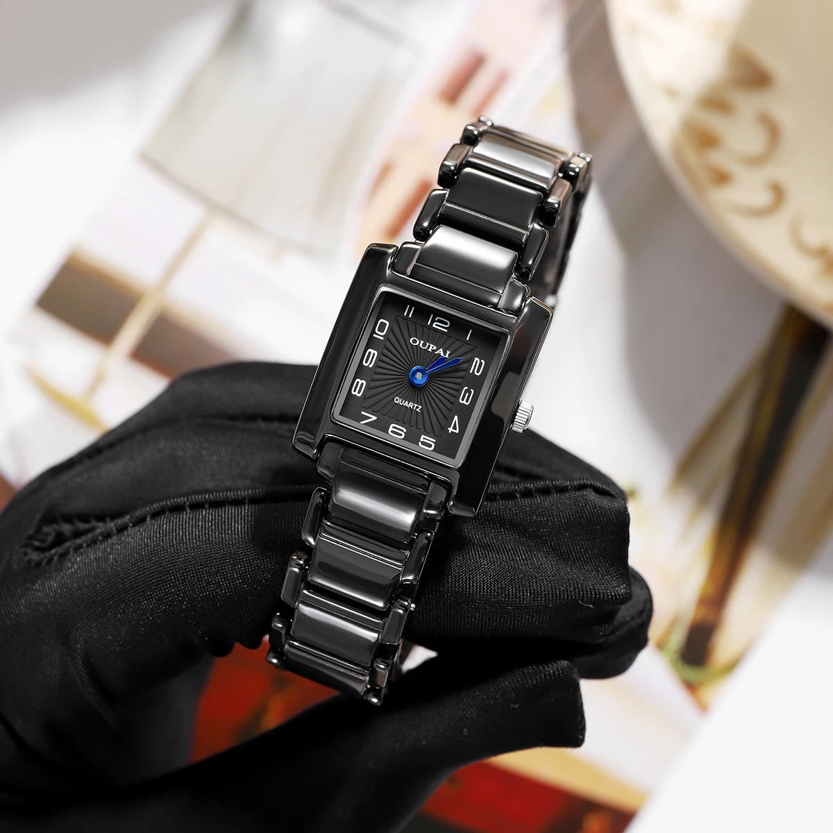 Oupai Square Ladies Watch, Rectangular Dial, Black Ceramic Watch, Women's Quartz Movement, Bracelet Waterproof, Compact, Casual