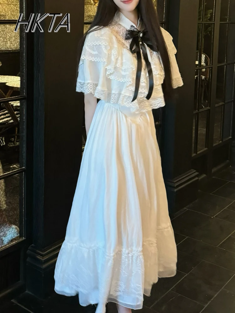 

Japanese Style Mine Series Gentle Lace Mesh Stitching Princess Dress Female Sweet Cute Elegant Lolita Bow White Long Dress Girl
