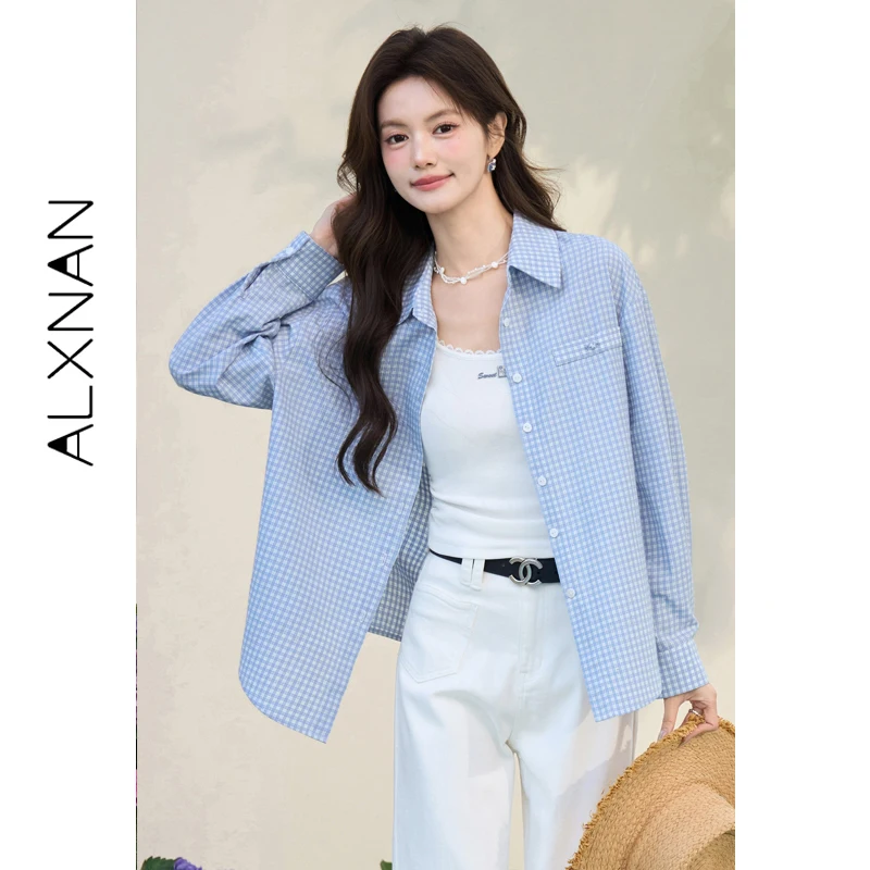 

Женская синяя рубашка в клетку ALXNAN, хлопковая повседневная рубашка с длинным рукавом, весна 2026, элегантный свободный крой, офисный топ, модель L61617