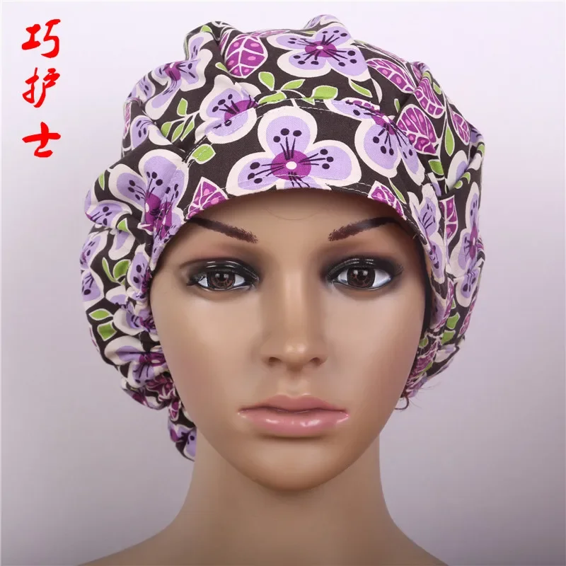 Breathable cotton printed pod head doctor long hair work cap operating room nurse cap