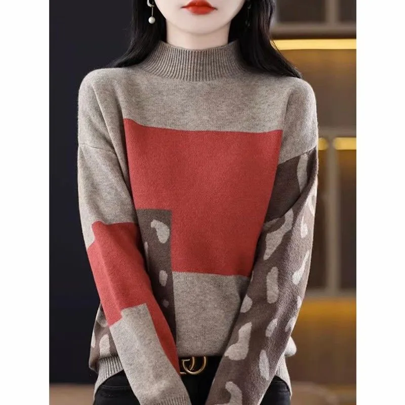 Autumn and Winter Fashionable Western Half High Neck Colored Versatile Loose and Slim Reducing Age Women\'s Long Sleeve Knit