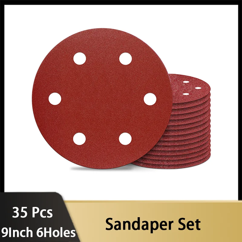 

9 Inch 6 Holes Drywall Sandpaper Set 35 Pack 40-240 Grits Premium Hook & Loop Aluminum Oxide Abrasive for Grinding Wall Matel