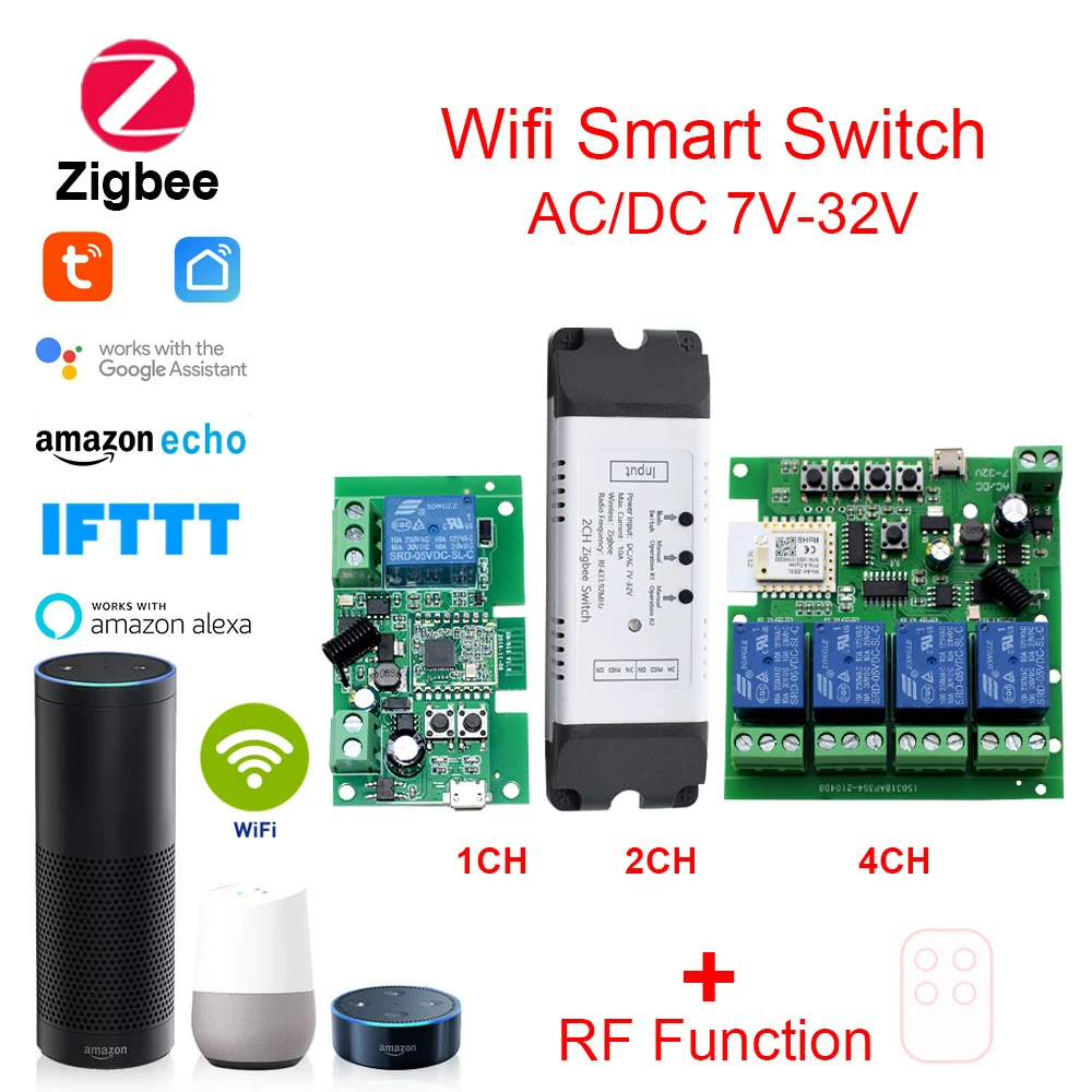 

Tuya Zigbee Wifi Умный релейный модуль 1/2/4 канала постоянного тока 5 В 7-32 В 433 МГц Переключатель дистанционного управления Работа с Alexa Google Home Tuya Gateway Hub