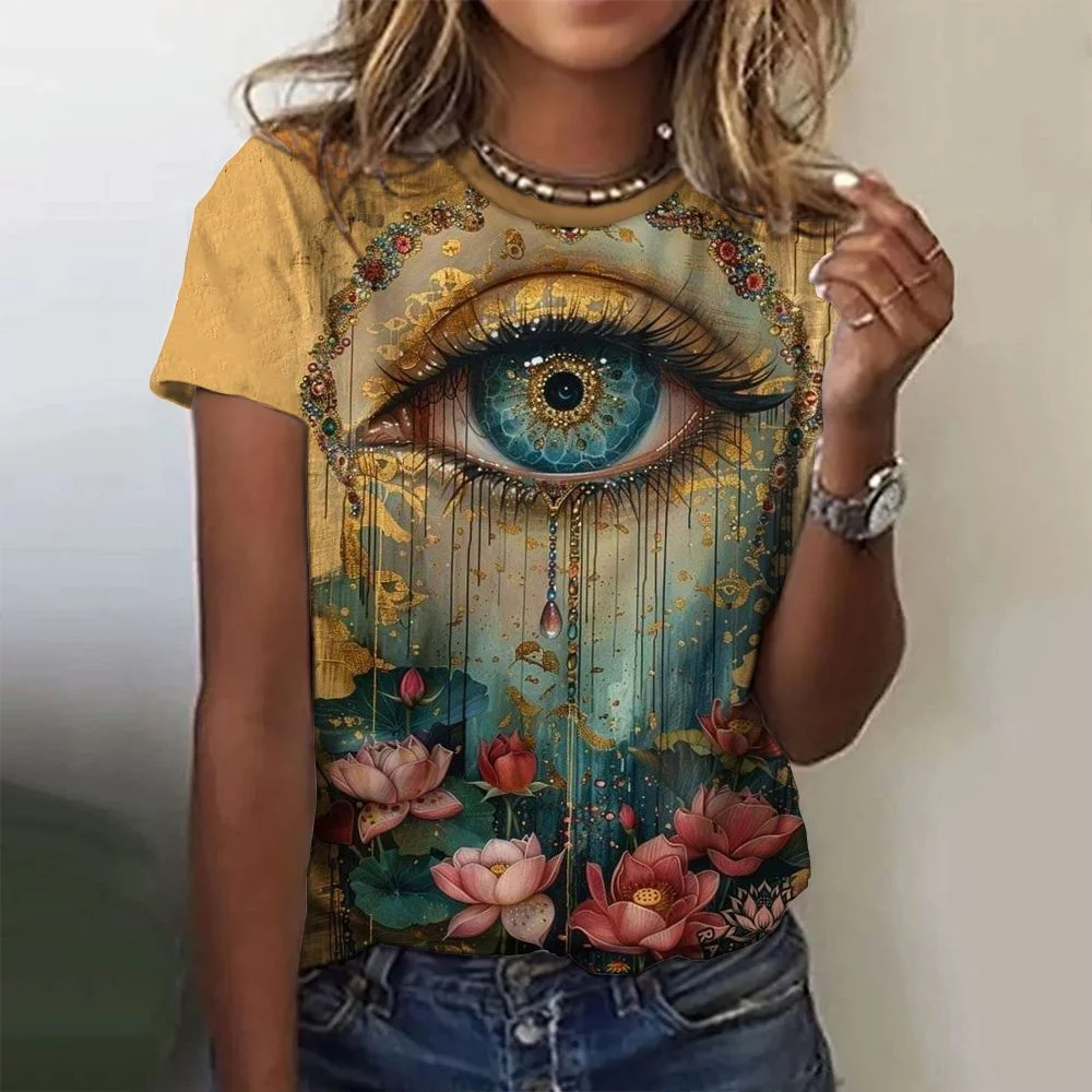 Kleurrijke Ogen Print Dames T-Shirts Fashion Top Korte Pullover Mouwen Met O-hals T-Shirt Dames Harajuk Polyester Kleding 2024