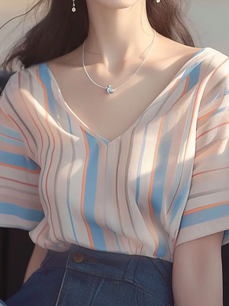 

Chic Loose V Neck Colorful Striped Short Sleeve T Shirt Women Stylish Versatile Top