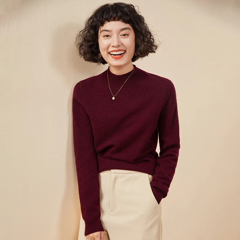 

Женский пуловер из 100% чистого кашемира, повседневный вязаный свитер с полувысоким воротником, свободный топ, универсальная базовая блузка для осени и зимы