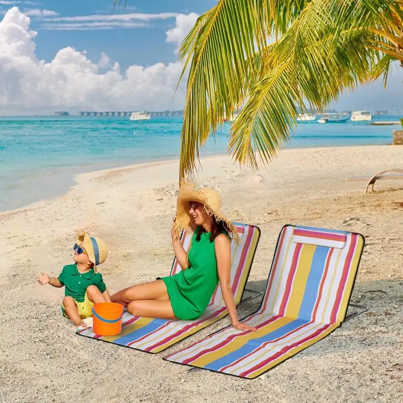 Ensemble de 2 chaises pliantes de plage avec dossier réglable, structure en acier, tissu PE inclus. Sac, 124x53 cm