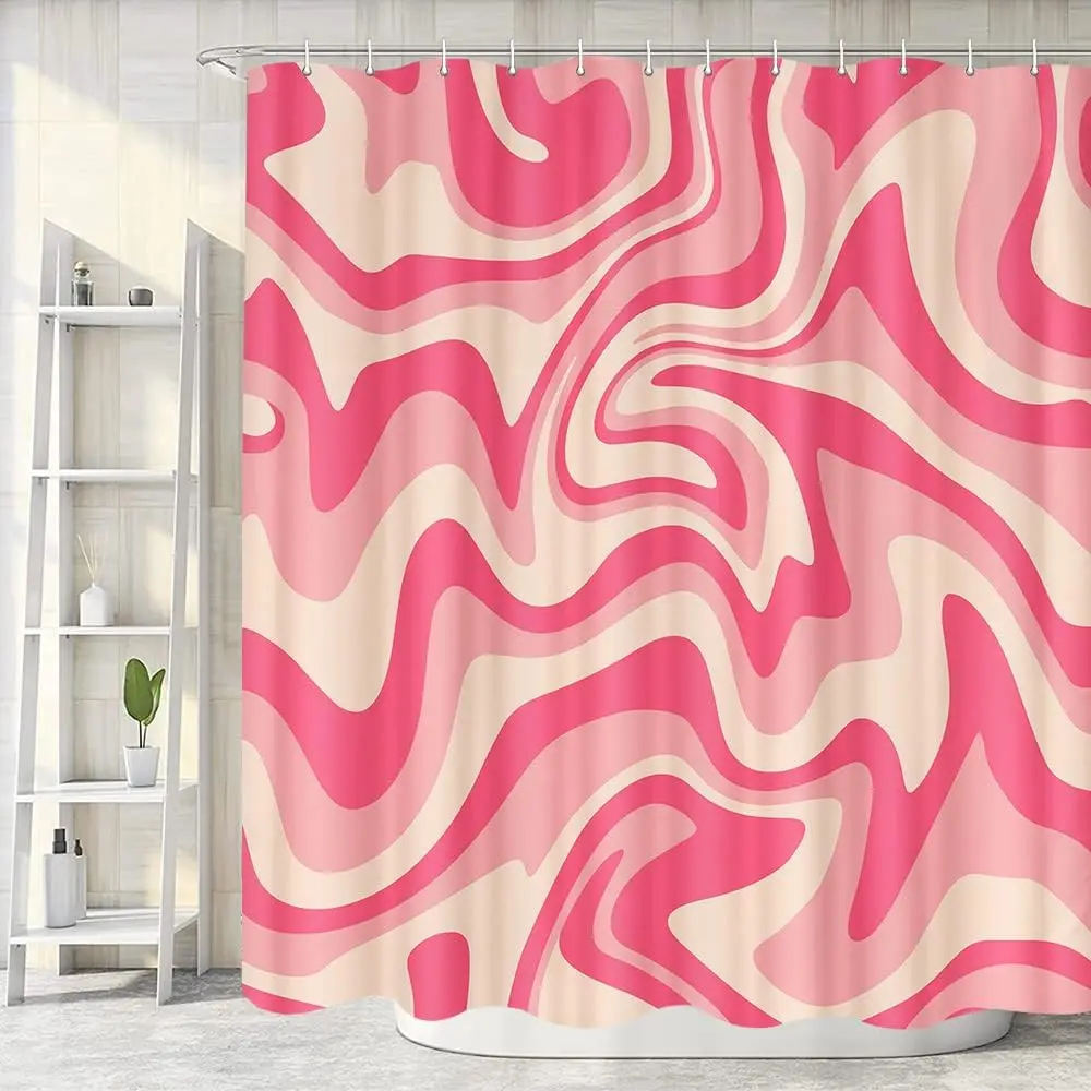 Pink shower curtain, aesthetic 80 s abstract wave swirl cute beige bohemian shower curtain, retro simple bathroom accessories