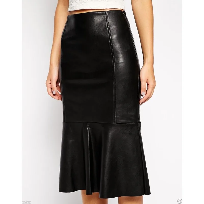 

Hot Women's Genuine Lambskin Leather Skirt Soft Below Knee Stylish Black Skirt