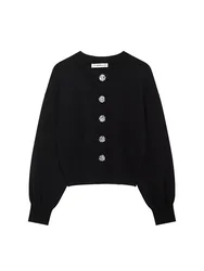 SIYANG Women Fashion Chic Black Knit Cardigan With Large Buttons Female O-Neck Ribbed Cuffs Knitted Jacket Casual Outwear