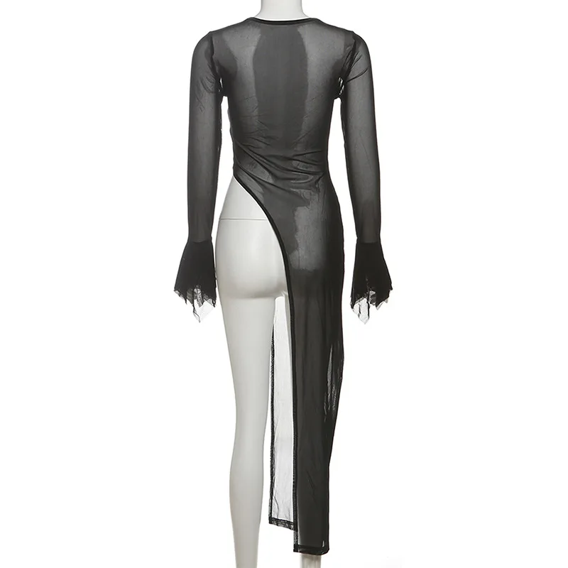 DSMTRC femmes voir à travers col rond pull taille haute Robes maille épissure manches évasées robe irrégulière dame élégante mince Robes