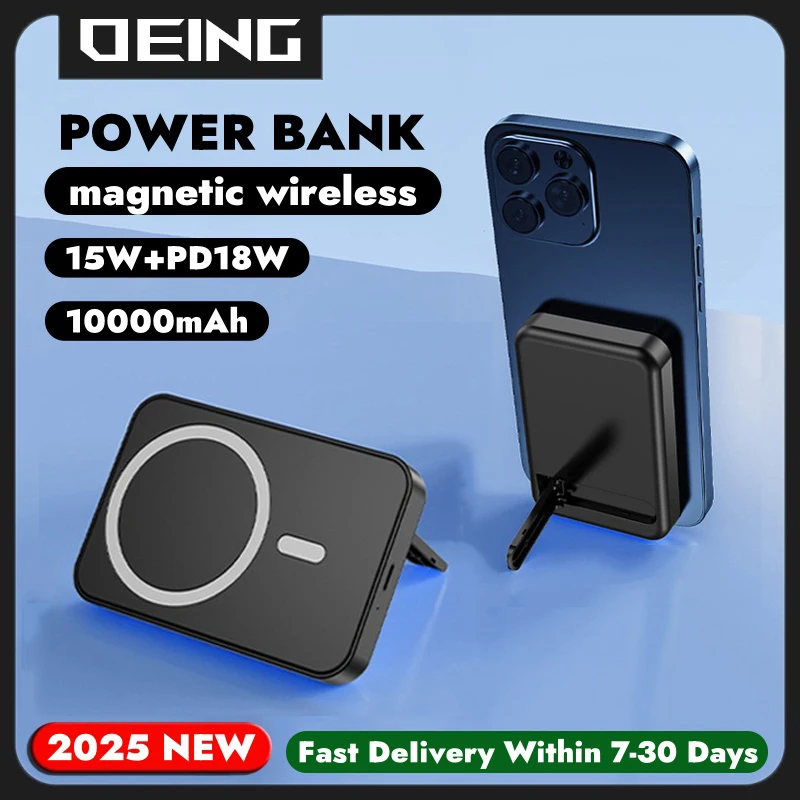 

10000mAh Magnetic Power Bank with Phone Holder PD 15W Wireless Fast Charger For iPhone Xiaomi Samsung External Auxiliary Battery