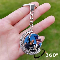 Never Stop Fighting Trump 2024 Key Chains Make America Great Again US Flag Picture Glass Dome Pendant Key Ring Holder Gift