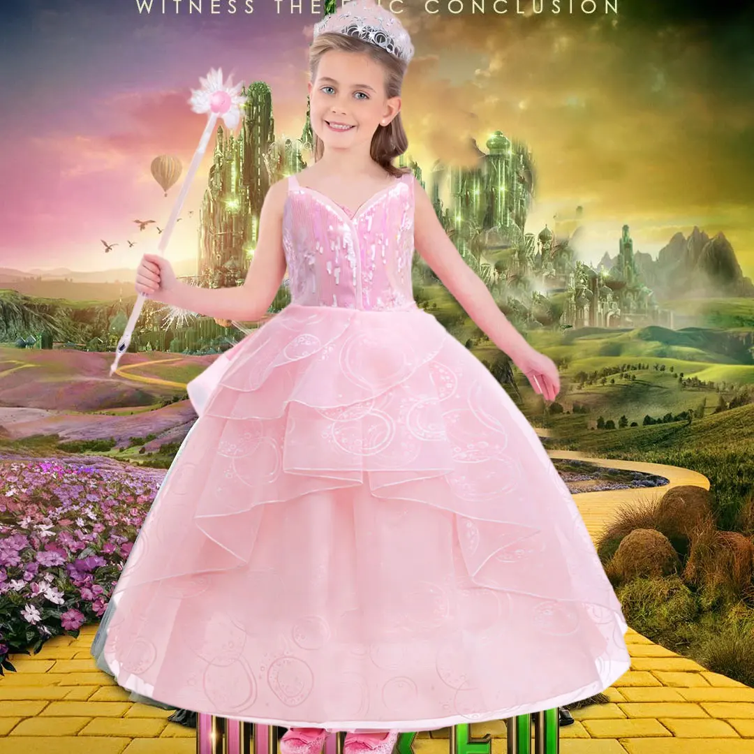 Schimmerndes rosa Hexenkleid, bauschiges Glinda-Kleid, Halloween-Kostüm für gute Rollenspiele, Bekleidung, Zauberer, Glinda-Ballkleid, schulterfrei