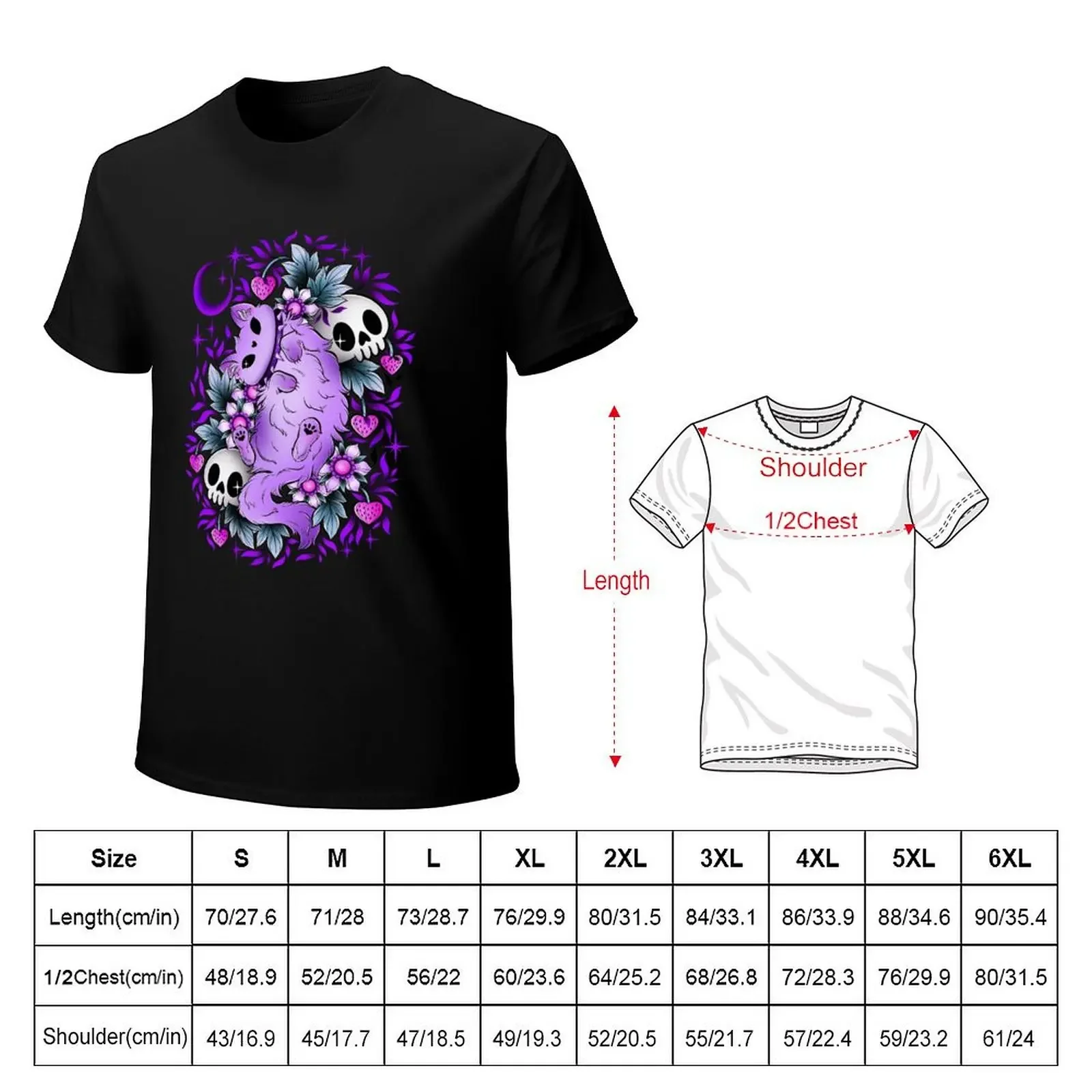 Pastel cat and skulls, purple leaves and black background T-Shirt customs korean fashion funny t shirts for men