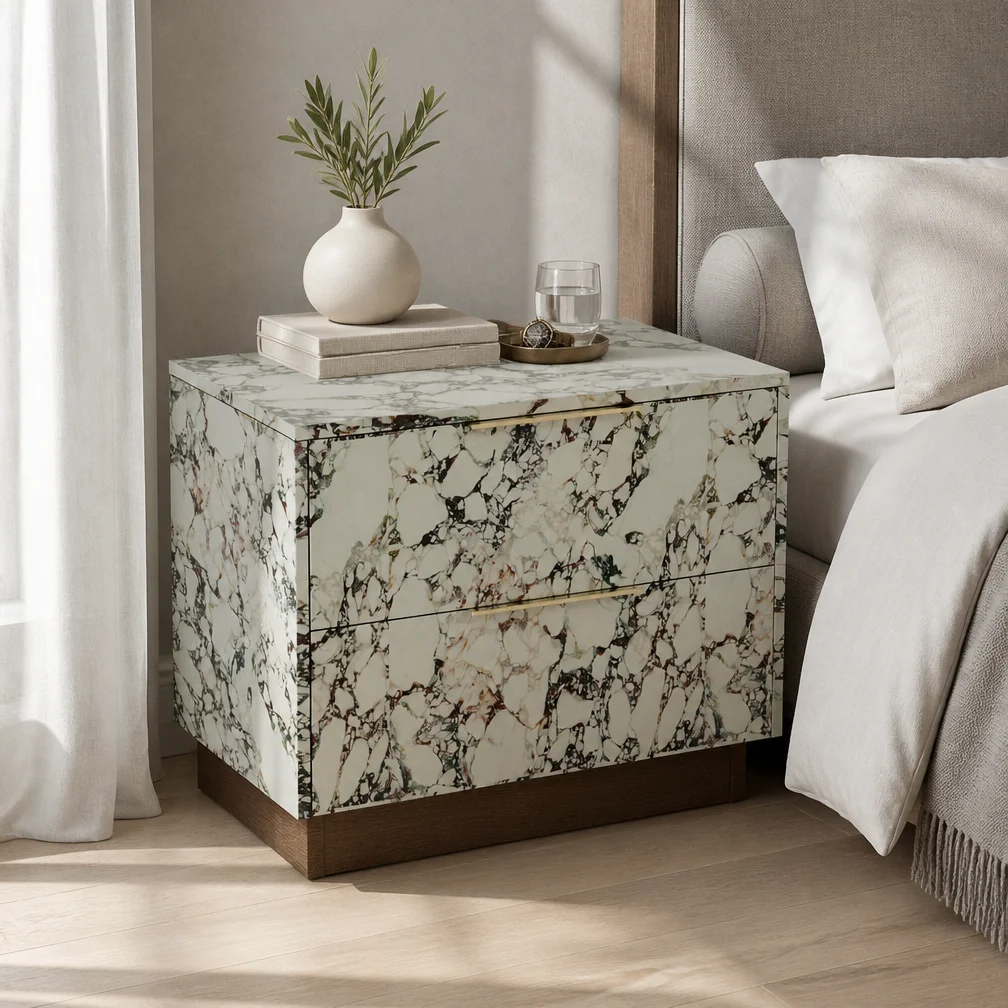 Contemporary Natural Calacatta Viola Marble Nightstand Double Drawers High Gloss Brushed Gold Handles For Bedroom Project