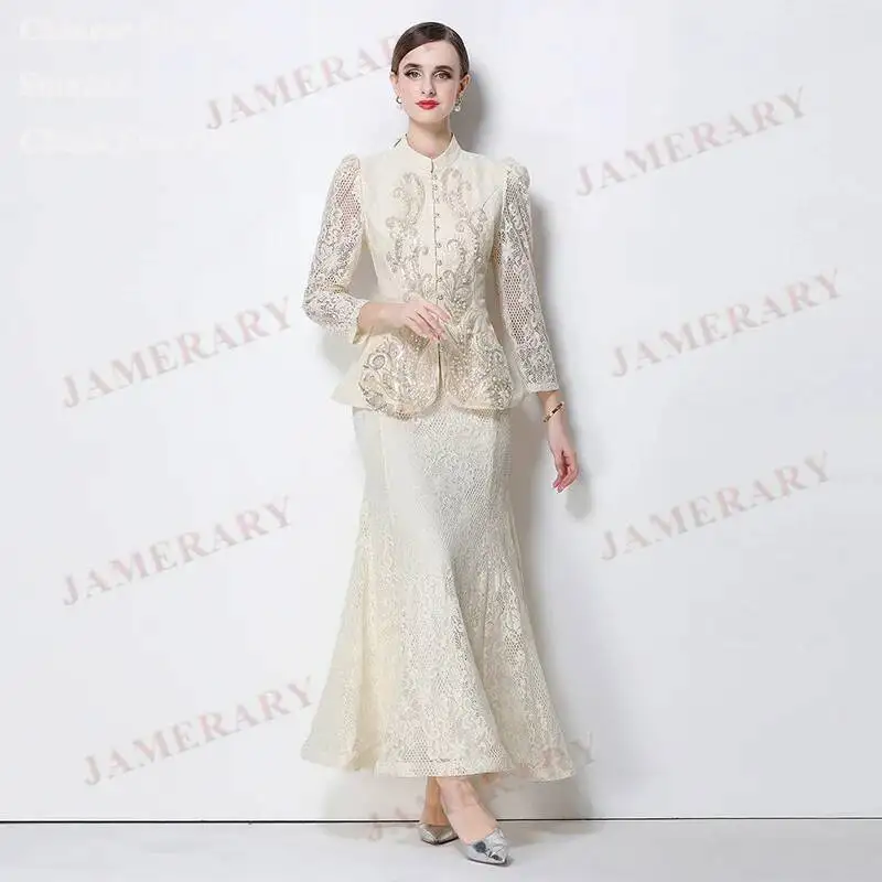 

Brand Summer Lluxury Formal Evening Lace Dresses Women Embroidery Pearl Sequin Blouse Tops Fishtail Maxi Skirt Suits 2 Piece Set