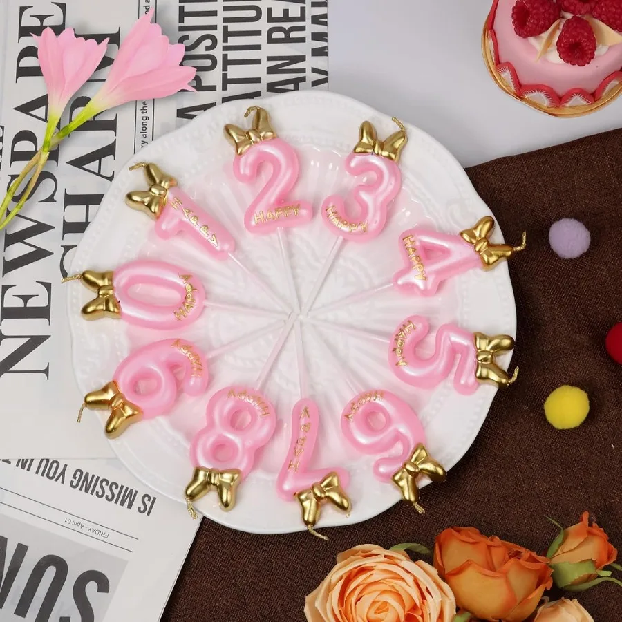 Birthday Number Candles Pink and Golden Bowknot Birthday Candles for Cake Glitter Number 1 Candle Cake Topper Decoration for Bo