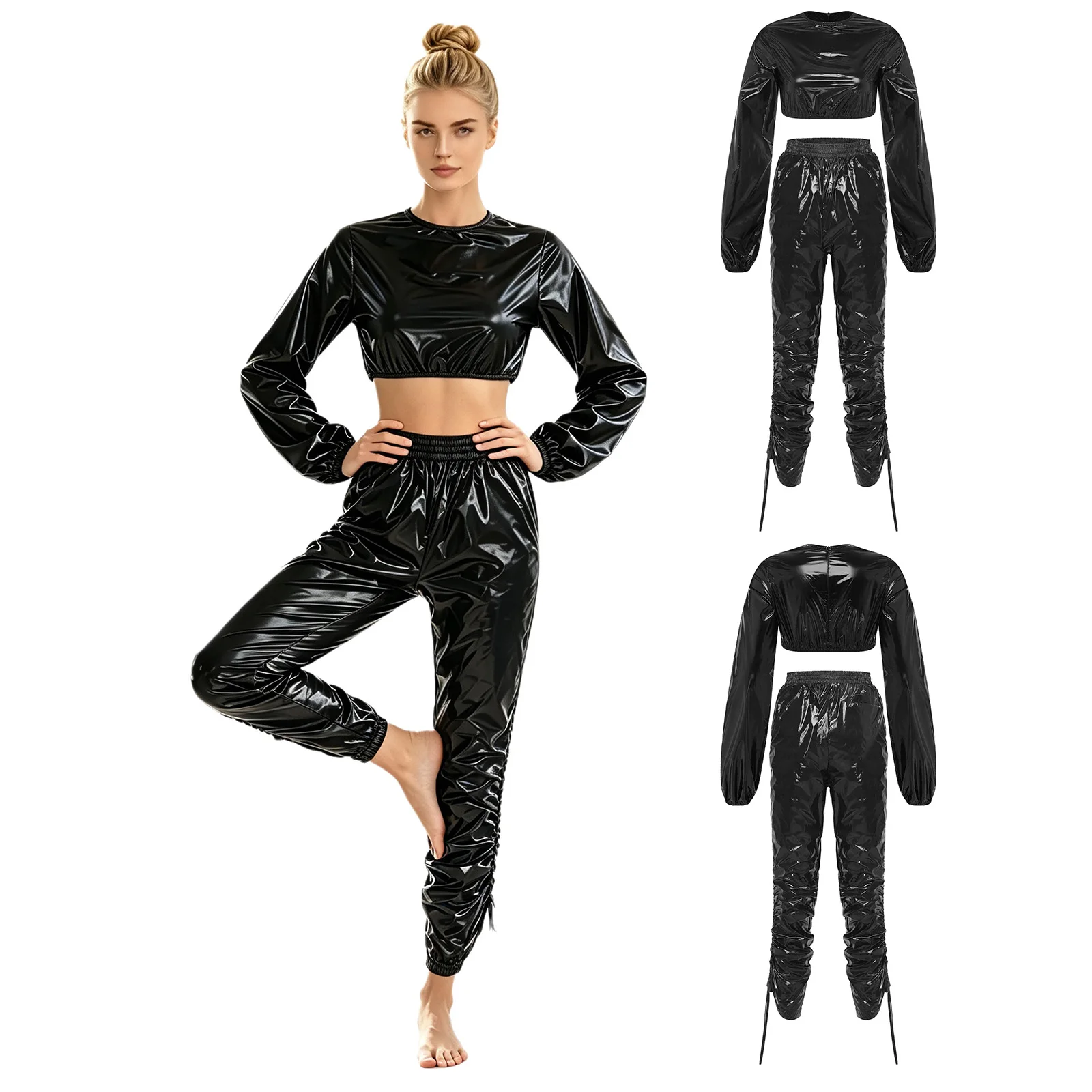 Women Waterproof Crop Top with Drawstrings Capri Pants Beach Pool Swimwear Workout Sportswear Nightclub Rave Party Clubwear
