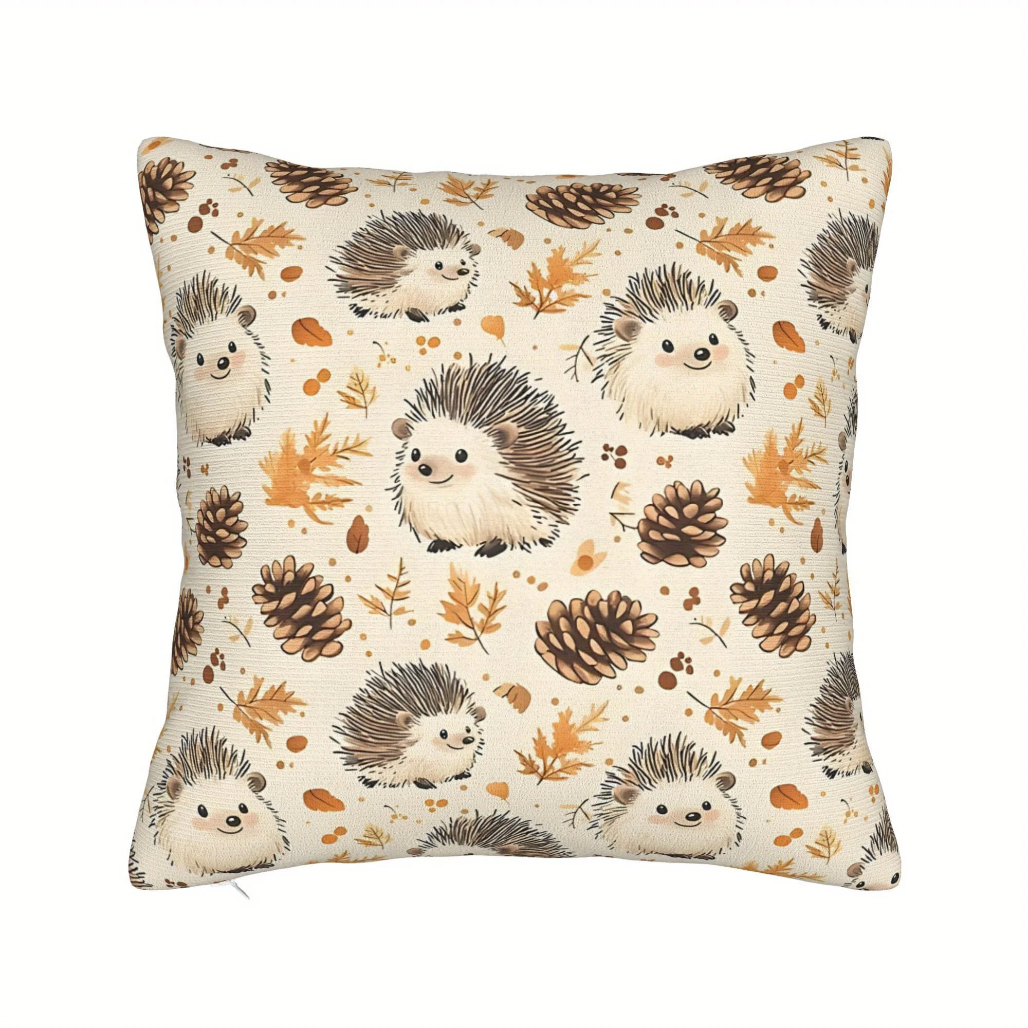 Hedgehog and Pinecone Double-Sided Pillowcase, Autumn Harvest Nature Cushion Cover with Zipper, Washable Decor Case