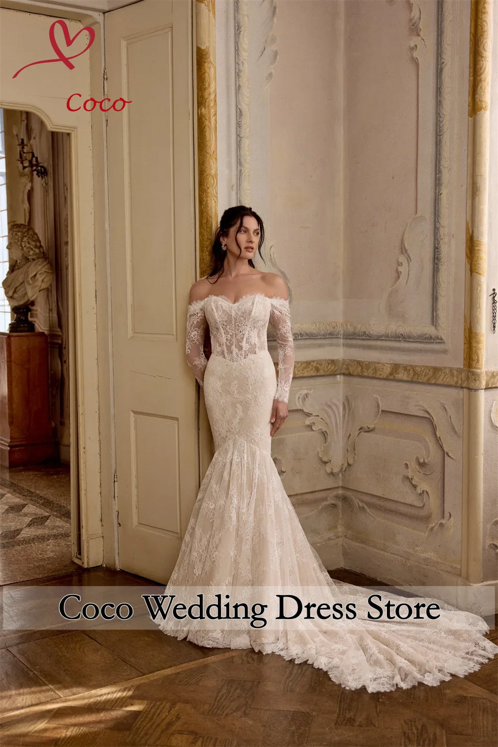 Customised Luxurious Lace Wedding Dress Off Shoulder Long Sleeve Mermaid Floor Length With Cathedral Train Vestido De Novia