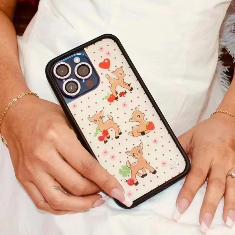 Wildflower Cute Cartoon Christmas Love Cherry Strawberry Fawn Phone Case For iPhone 13 12 14 15 16 17 Pro Max Christmas Gift