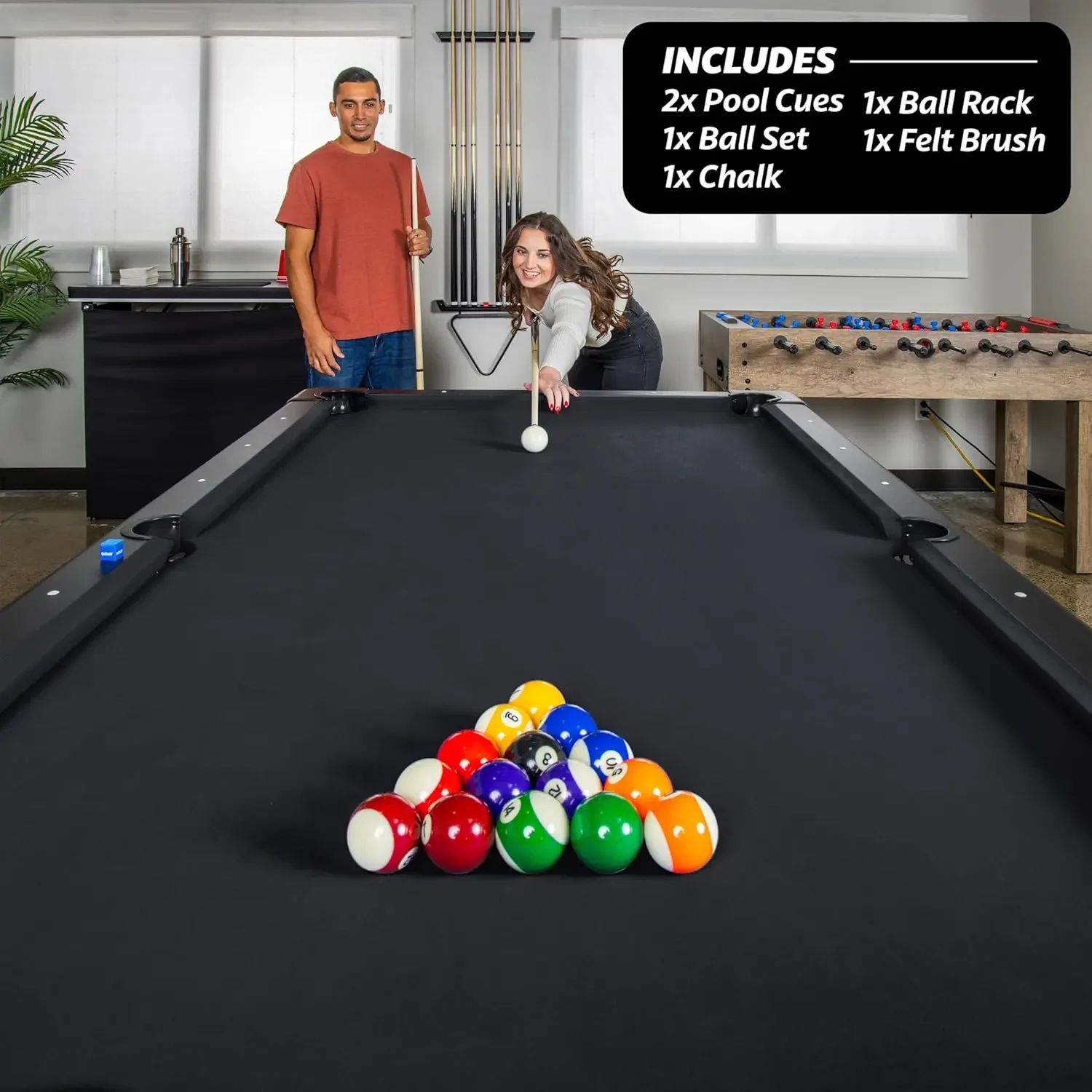 8 ft Billiards Table - Portable Pool Table - includes Full Set of Balls, 2 Cue Sticks, Chalk and Felt Brush