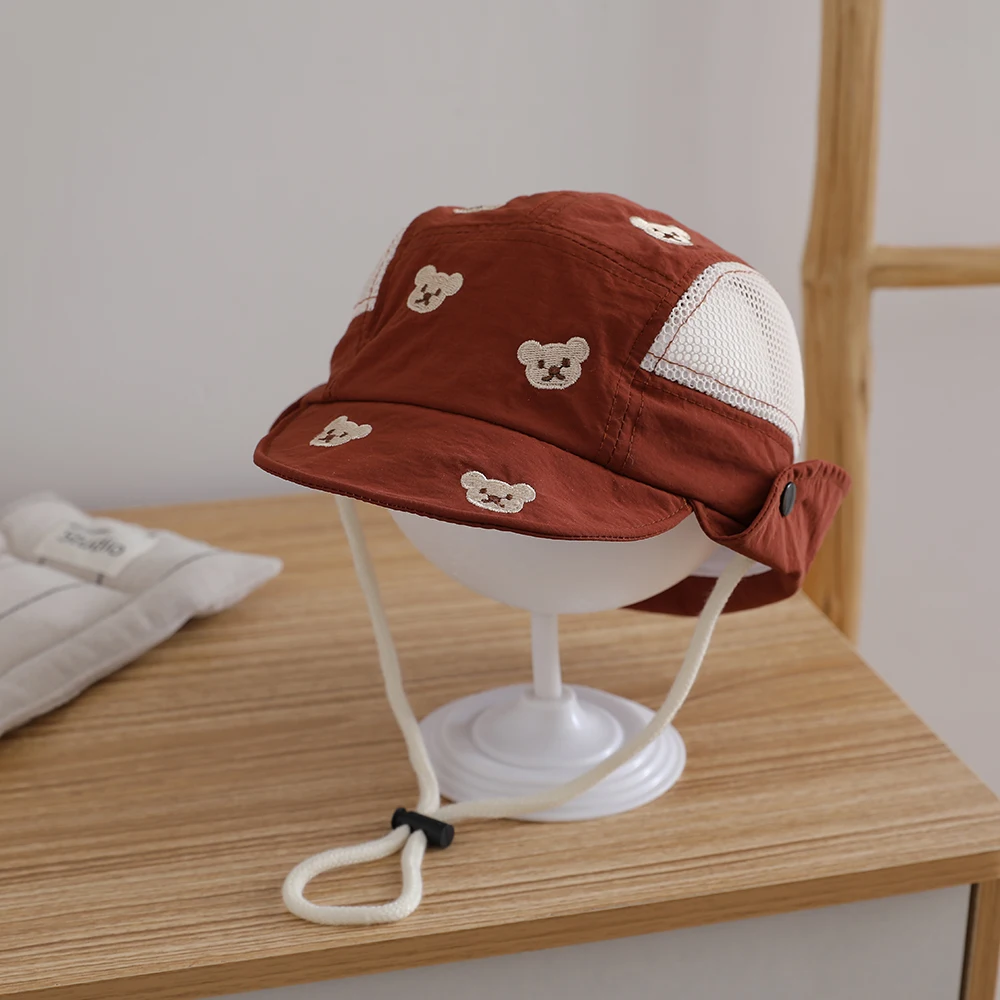 Child's Trendy and Versatile Full-Embroidered Little Bear Double-Sided Breathable Mesh Fringed Cap-Style Fisherman Hat view 3