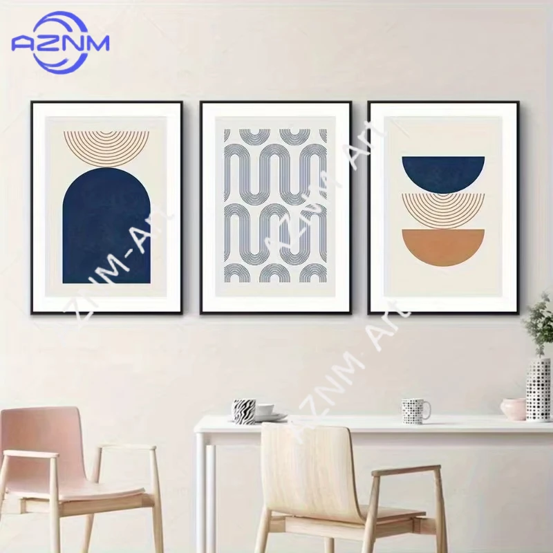 1 Stück/3 Stück Marineblau Beige Geometrische Wandkunstdrucke Moderne Minimalistische Leinwandposter für Wohnzimmerdekoration