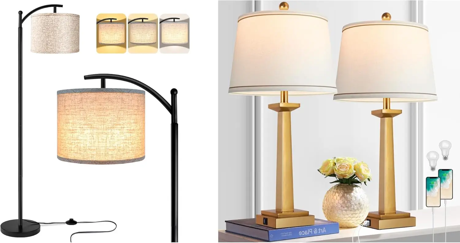 Candeeiro de pé e candeeiro de mesa dourado com 3 temperaturas de cor
