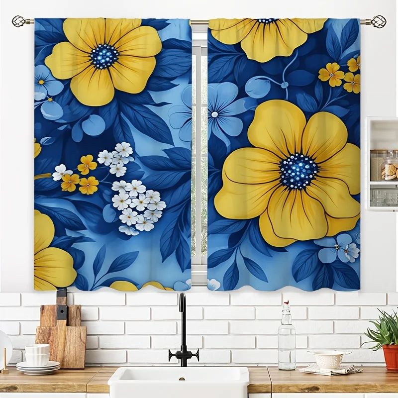 Vibrant Blue and Yellow Floral Pattern Shower Curtain Waterproof Bathroom Decor Curtain for Modern Home Bathroom Shower Curtain