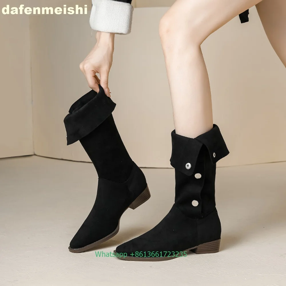 Turned-Over Edge Buttons Mid-Calf Boots Women Suede Chunky Heel Round Toe Black/khaki Winter Fashion Boots 2024 New Casual Boots