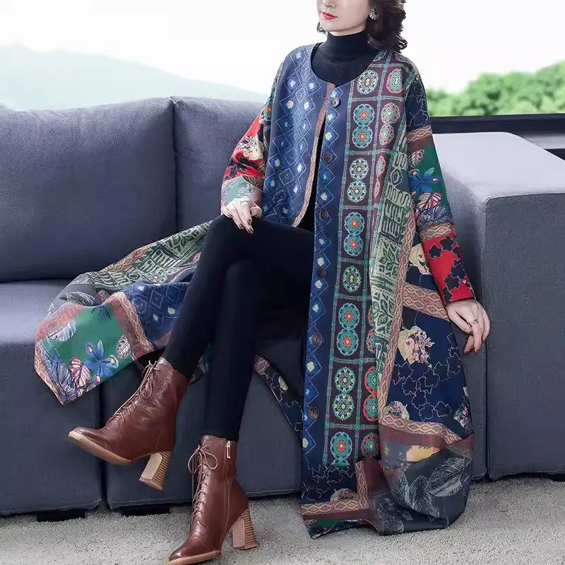 2024 Spring And Autumn Long Coat New Women's Vintage Printed Ethnic Style Clothing Loose Irregular Windbreaker Jacket K700