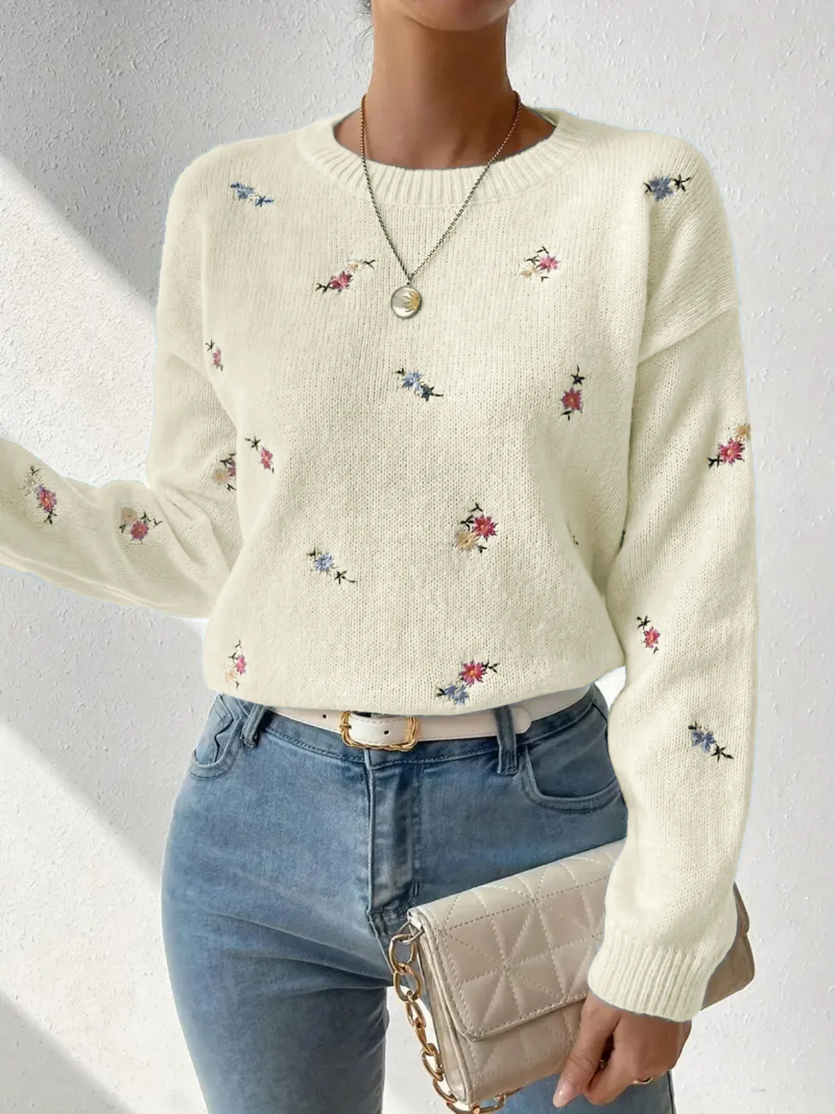 

Yaminiya Autumn Fashion Women Printed Casual Long Sleeved Knitted Sweater Round Neck Versatile Slimming Pullover Knitted Sweater