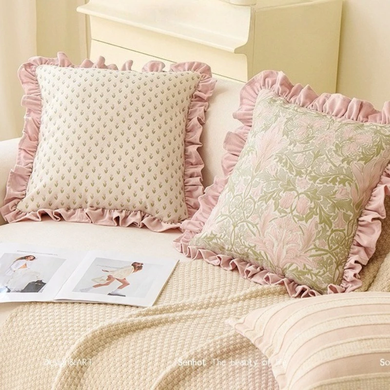 French Luxury Jacquard Cushion Cover with Embroidery Floral 45x45cm Elegant Ruffle Patchwork Sofa Pillowcase for Bedroom Decor