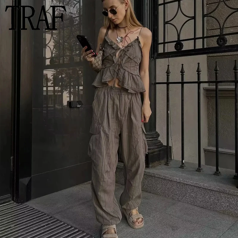 TRAF Striped Cargo Pants Women Mid-Waist Baggy Pants Woman Fashion Streetwear Y2k Summer Pants Sets Pockets Women's Trousers