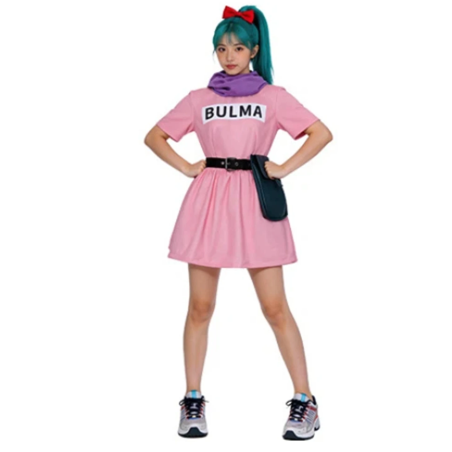 

Dragon Ball Bulma Cosplay Dress Pink Short Sleeve With Purple Scarf Black Belt 97 Printed Logo For Women Girls Halloween Anime