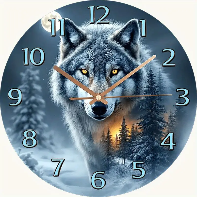 Wolf-Themed Silent Wall Clock with Tempered Glass Face & Wolf Design - Blue & Hands, Large Black Hour Markers, White Wolf Howli