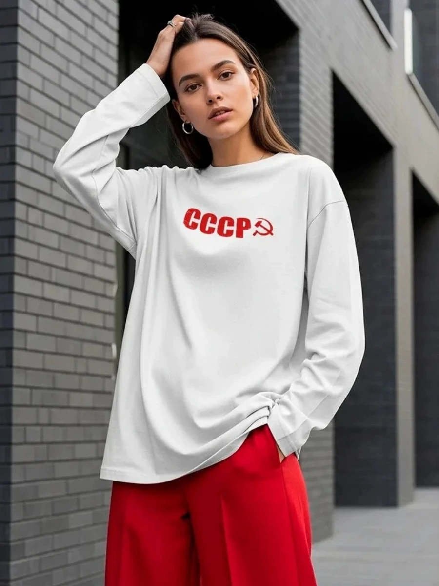 Women's Spring Autumn Retro style Soviet Printed Loose Long Sleeved T-shirt Trendy Streetwear Long Sleeve Top Basic Base Shirt