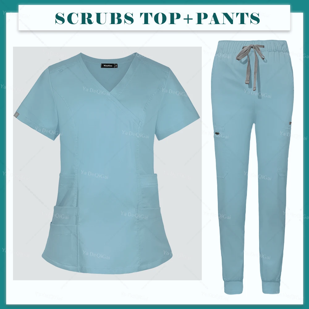 

Women Scrub Set Many Pockets Beauty Medical Nurse Uniforms Hospital Dental Clinical Workwear Surgical Suits Accessories