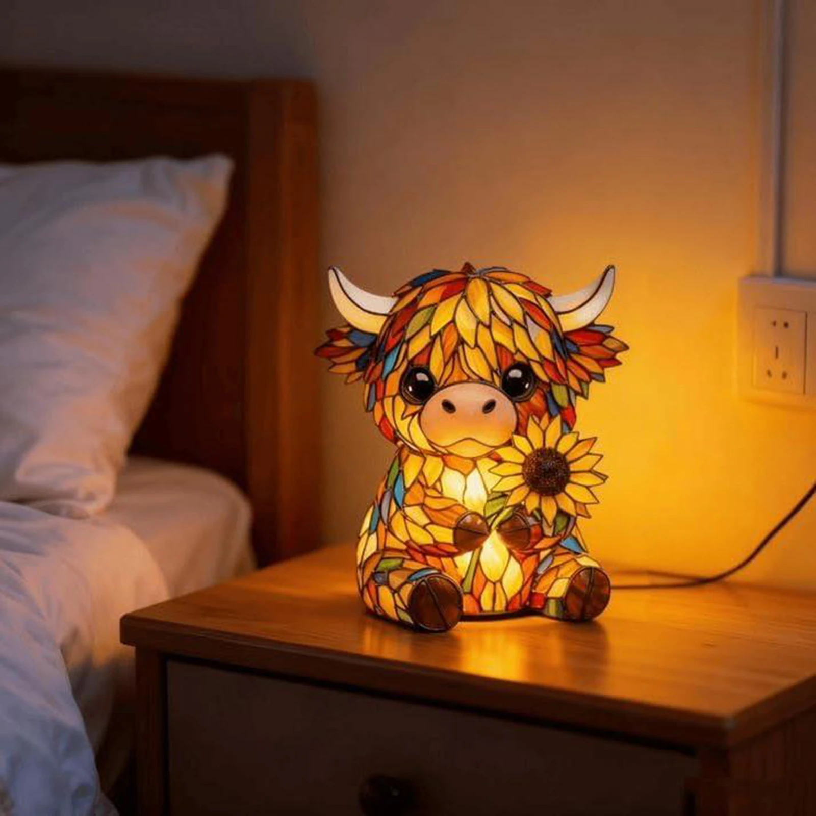 

LED Cute Bedside Decorations Lamp Handcrafted Stained Glass Night Light Resin Animal Ornament Light for Living Room Desk Decor